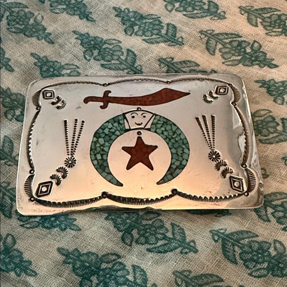 Navajo Sterling Silver Turquoise & Coral Chip Inlay  Belt Buckle - Picture 2 of 9